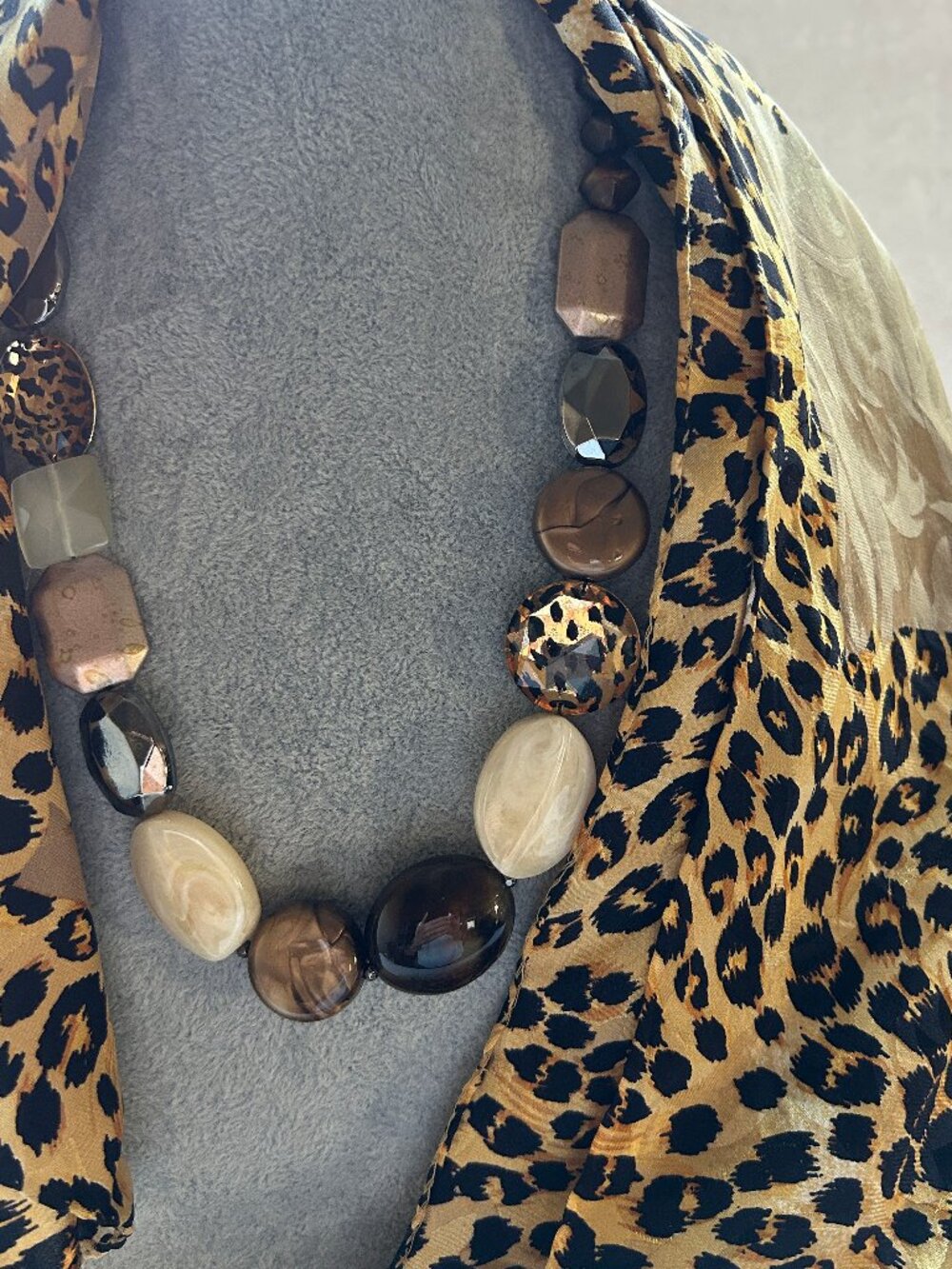 NY Vintage Statement Necklace Acrylic Large Beads + Cheetah Print Scarf